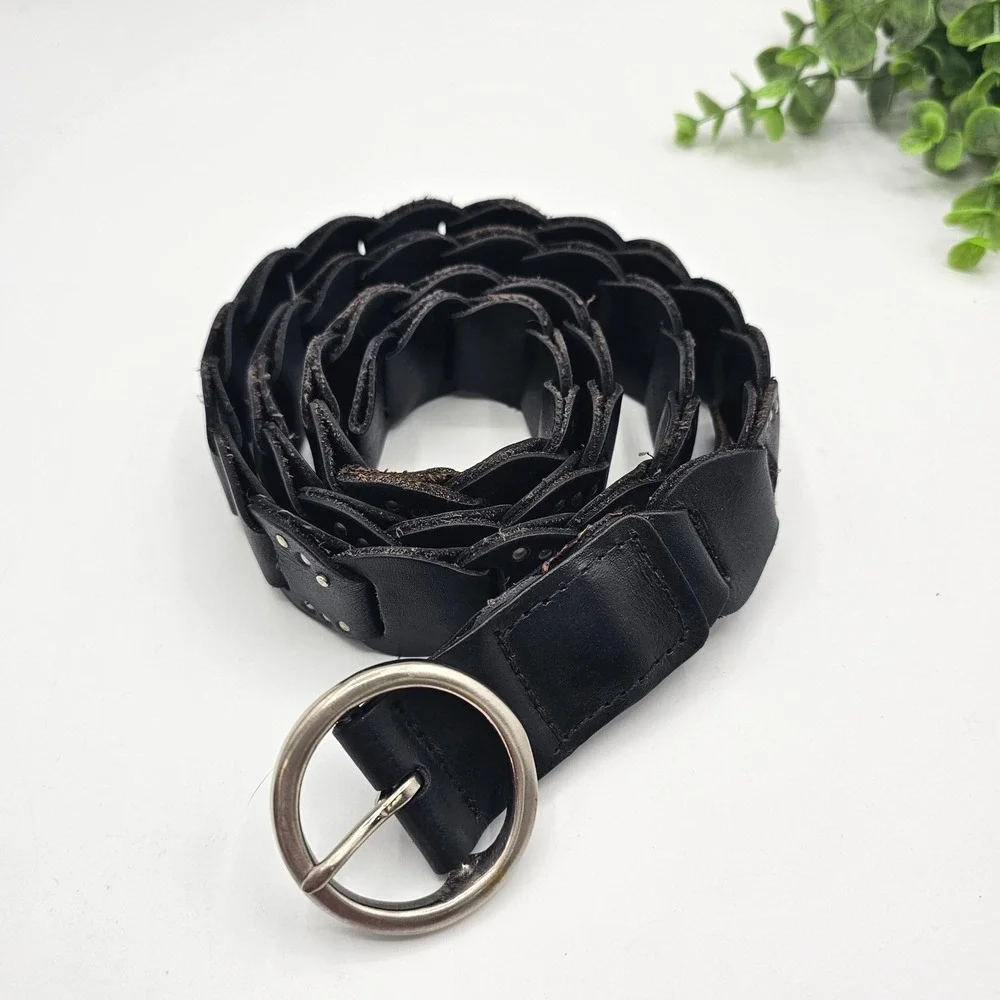 Leather Belt‎ Braided Studded Round Buckle Genuine Leather Black Women 44